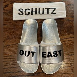 SCHUTZ Metallic Leather Silver Slides Exclusive for Bergdorf Goodman